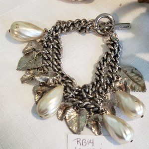 Chunky Pearl Tone Double Chain Dangle Bracelet